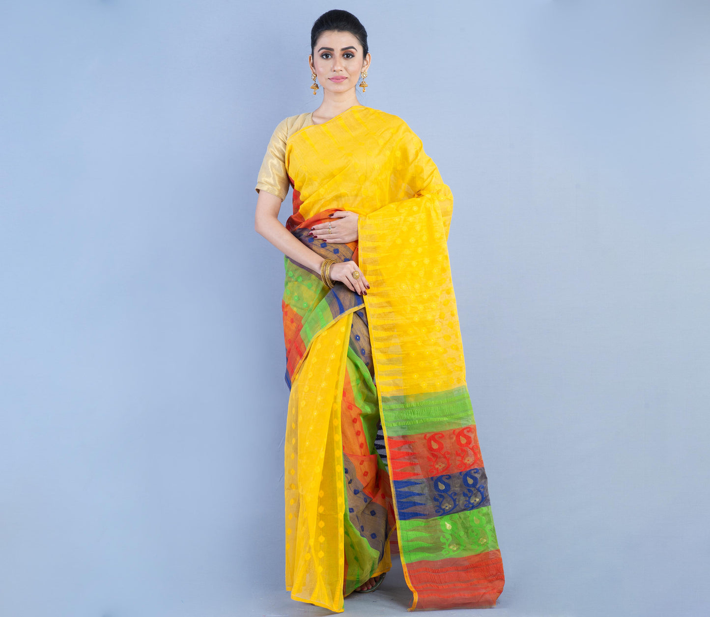Handloom Jamdani Saree - Red & Green on Yellow - ArtisanSoul