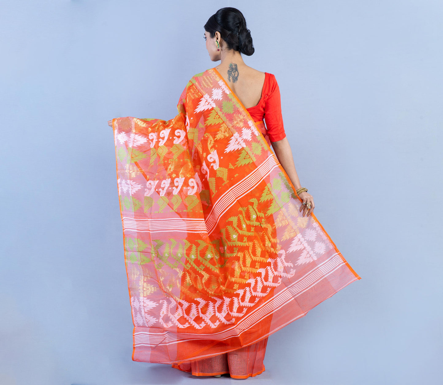 Handloom Jamdani Saree - Orange & White - ArtisanSoul
