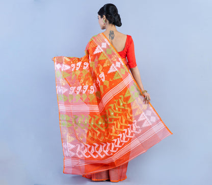Handloom Jamdani Saree - Orange & White - ArtisanSoul