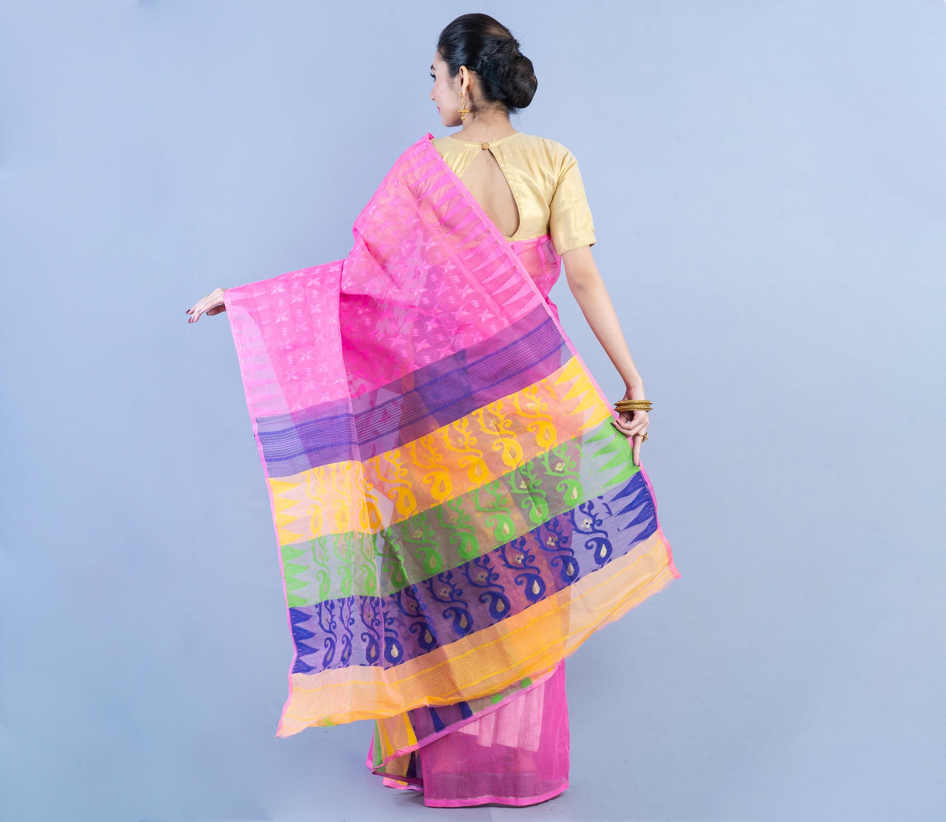 Handloom Jamdani Saree- Blue and Yellow on Pink - ArtisanSoul