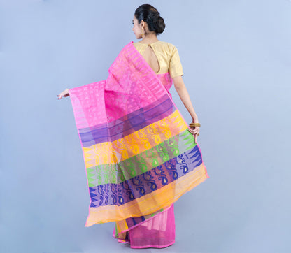 Handloom Jamdani Saree- Blue and Yellow on Pink - ArtisanSoul