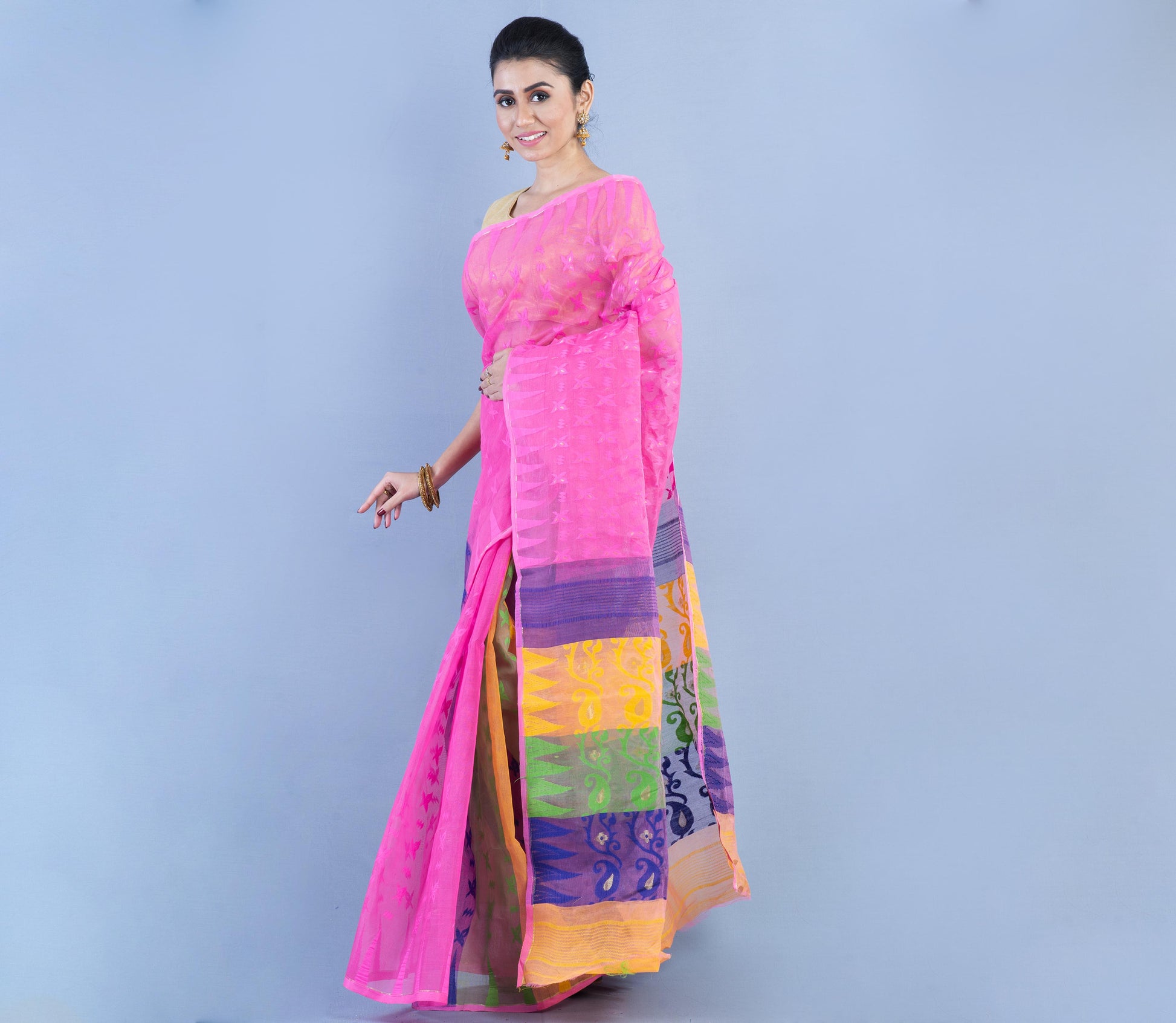 Handloom Jamdani Saree- Blue and Yellow on Pink - ArtisanSoul