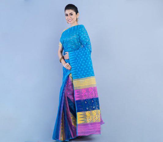 Handloom Jamdani Saree- Pink & Yellow on Blue - ArtisanSoul