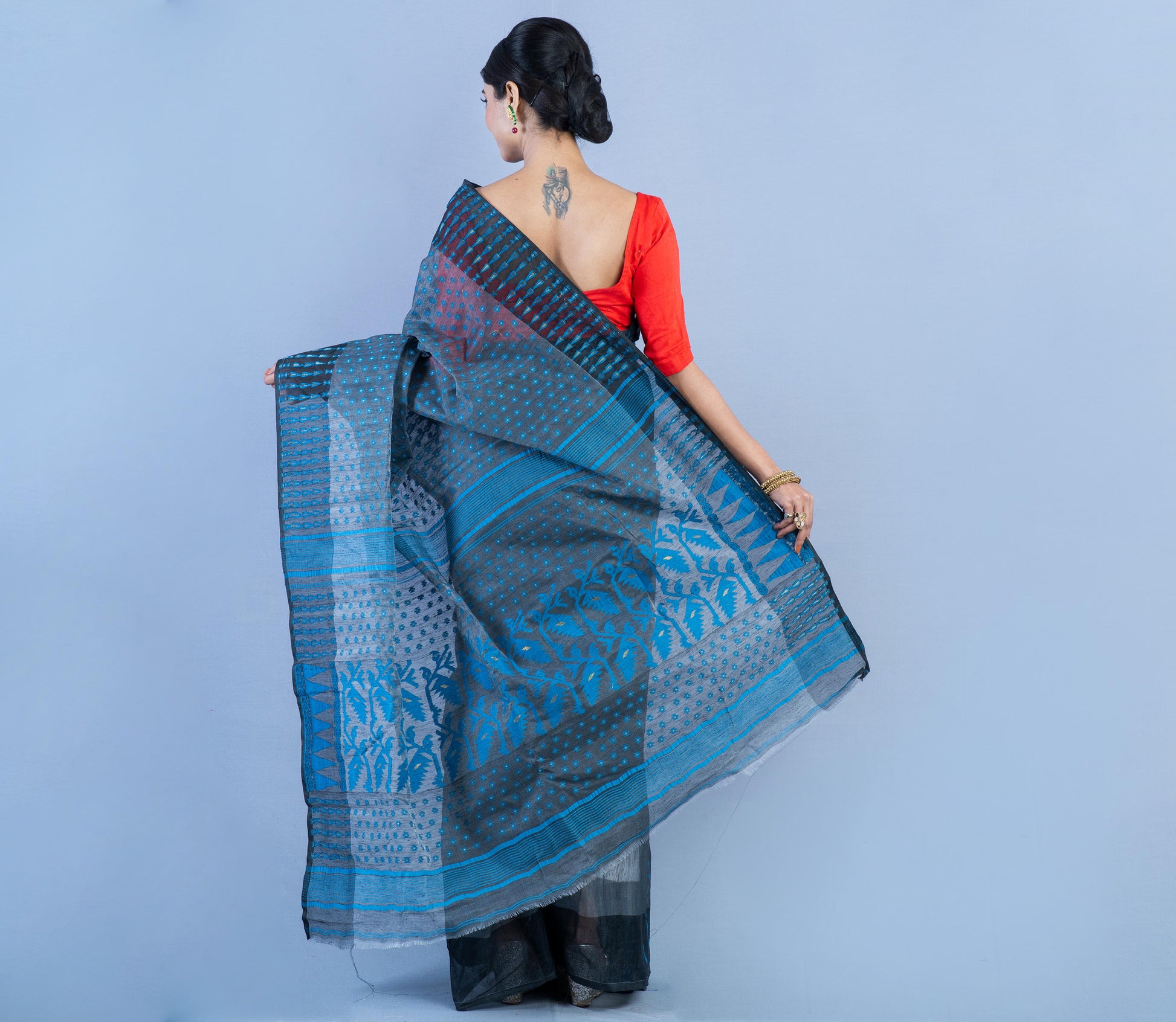 Handloom Jamdani Saree with all body Work - Blue on Black - ArtisanSoul