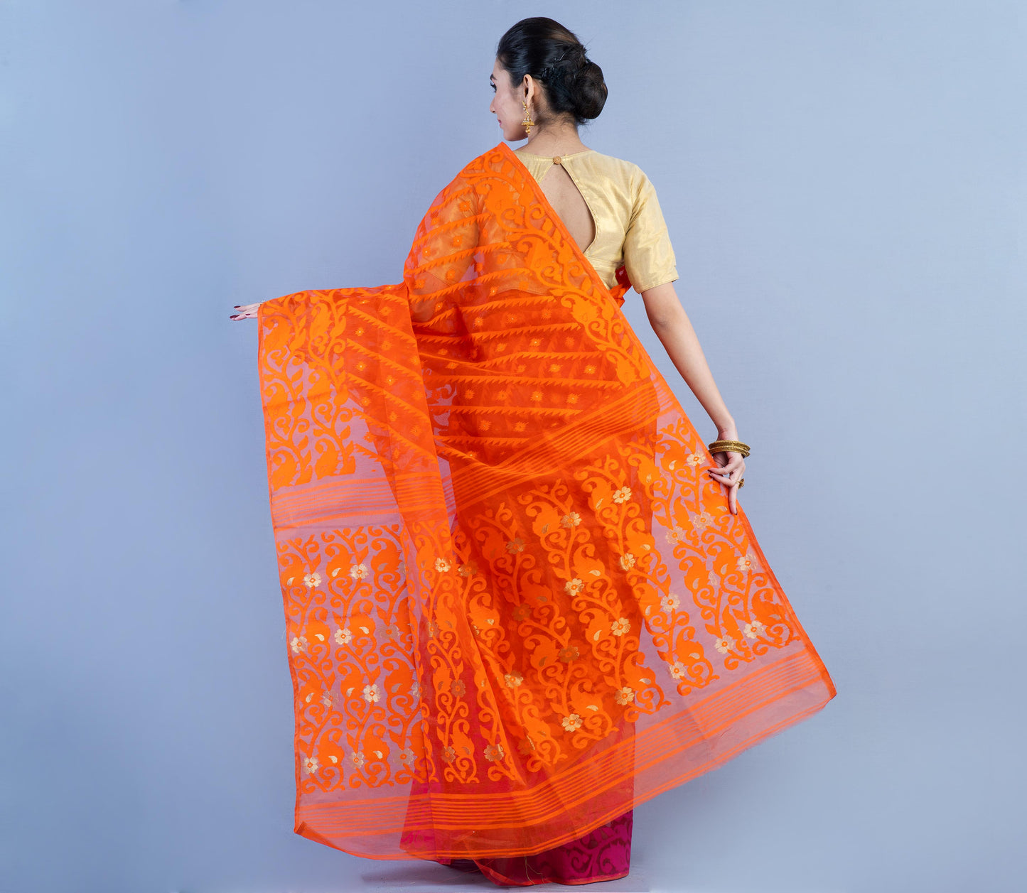 Handloom Jamdani Saree All Body Work - Orange & Pink - ArtisanSoul