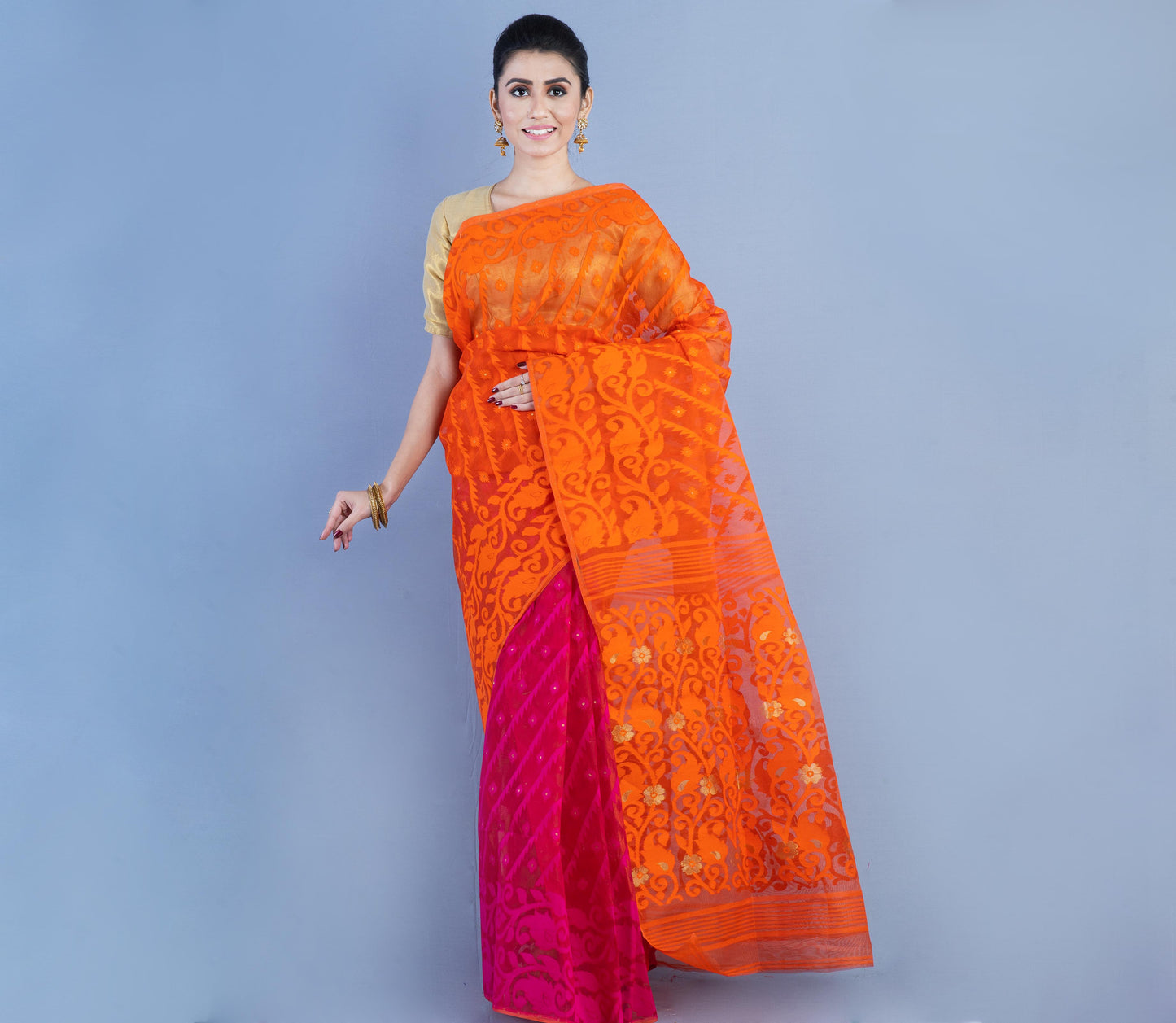 Handloom Jamdani Saree All Body Work - Orange & Pink - ArtisanSoul