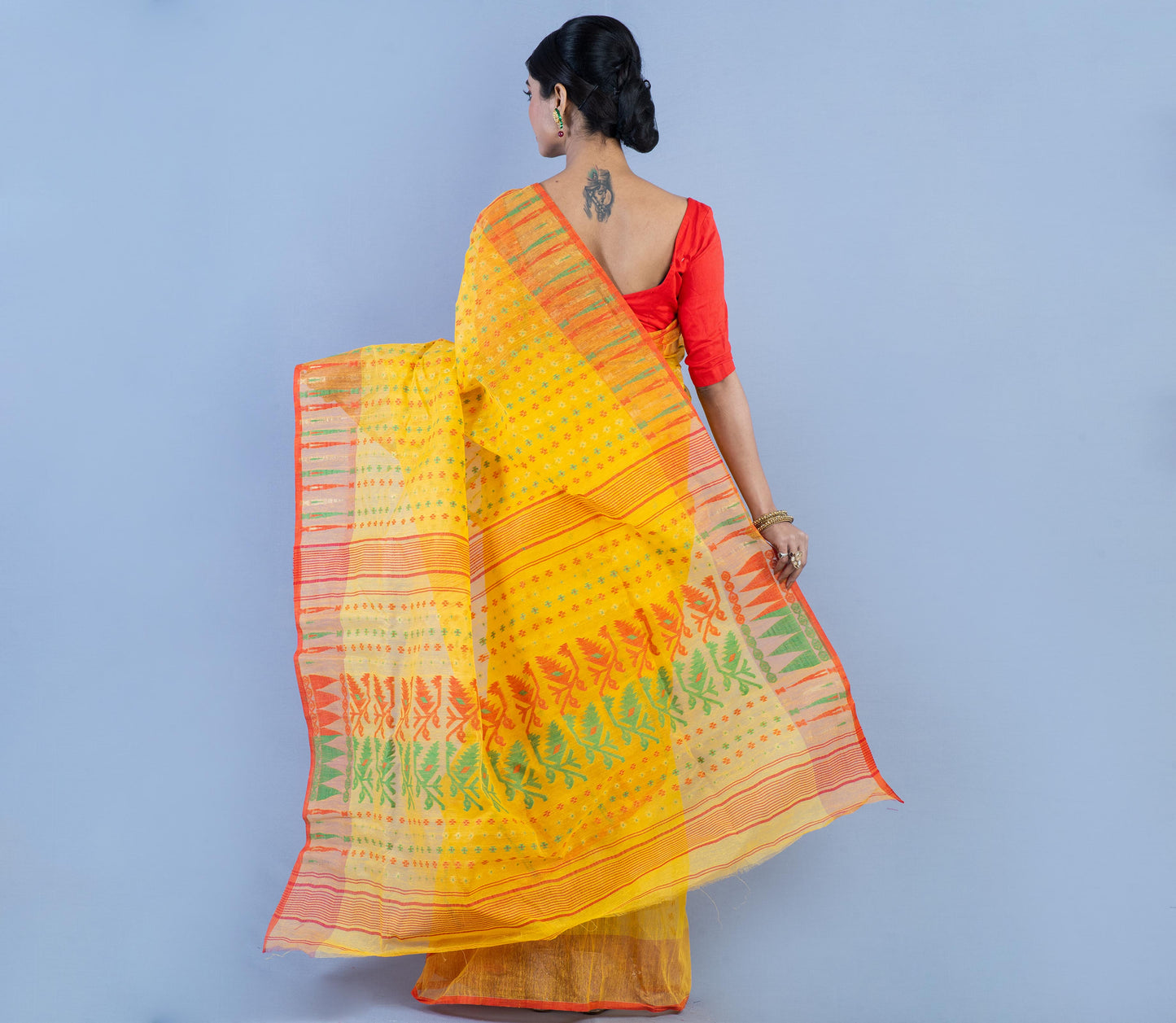 Handloom Jamdani Saree with all body Work - Red & Green on Yellow - ArtisanSoul