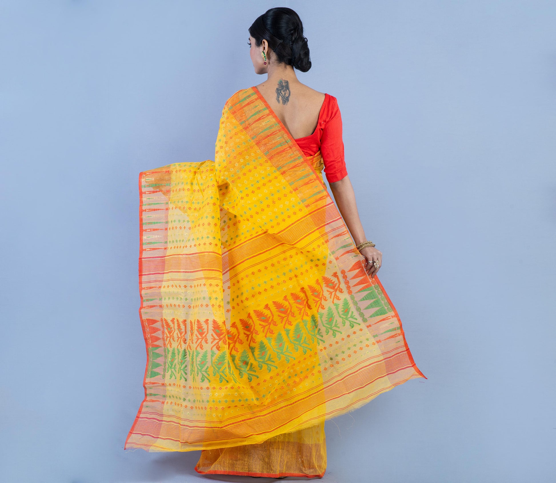 Handloom Jamdani Saree with all body Work - Red & Green on Yellow - ArtisanSoul