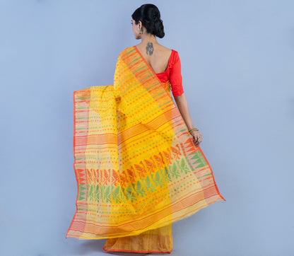 Handloom Jamdani Saree with all body Work - Red & Green on Yellow - ArtisanSoul