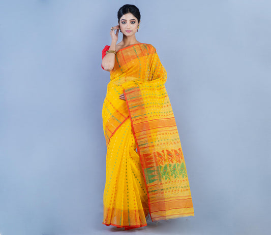 Handloom Jamdani Saree with all body Work - Red & Green on Yellow - ArtisanSoul