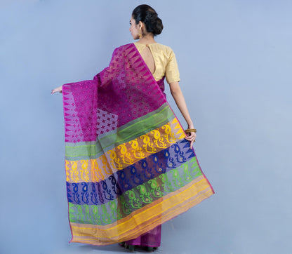 Handloom Jamdani Saree- Green & Yellow on Purple - ArtisanSoul