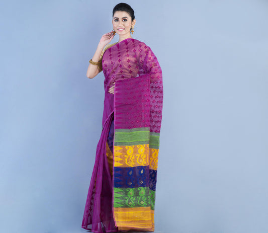 Handloom Jamdani Saree- Green & Yellow on Purple - ArtisanSoul