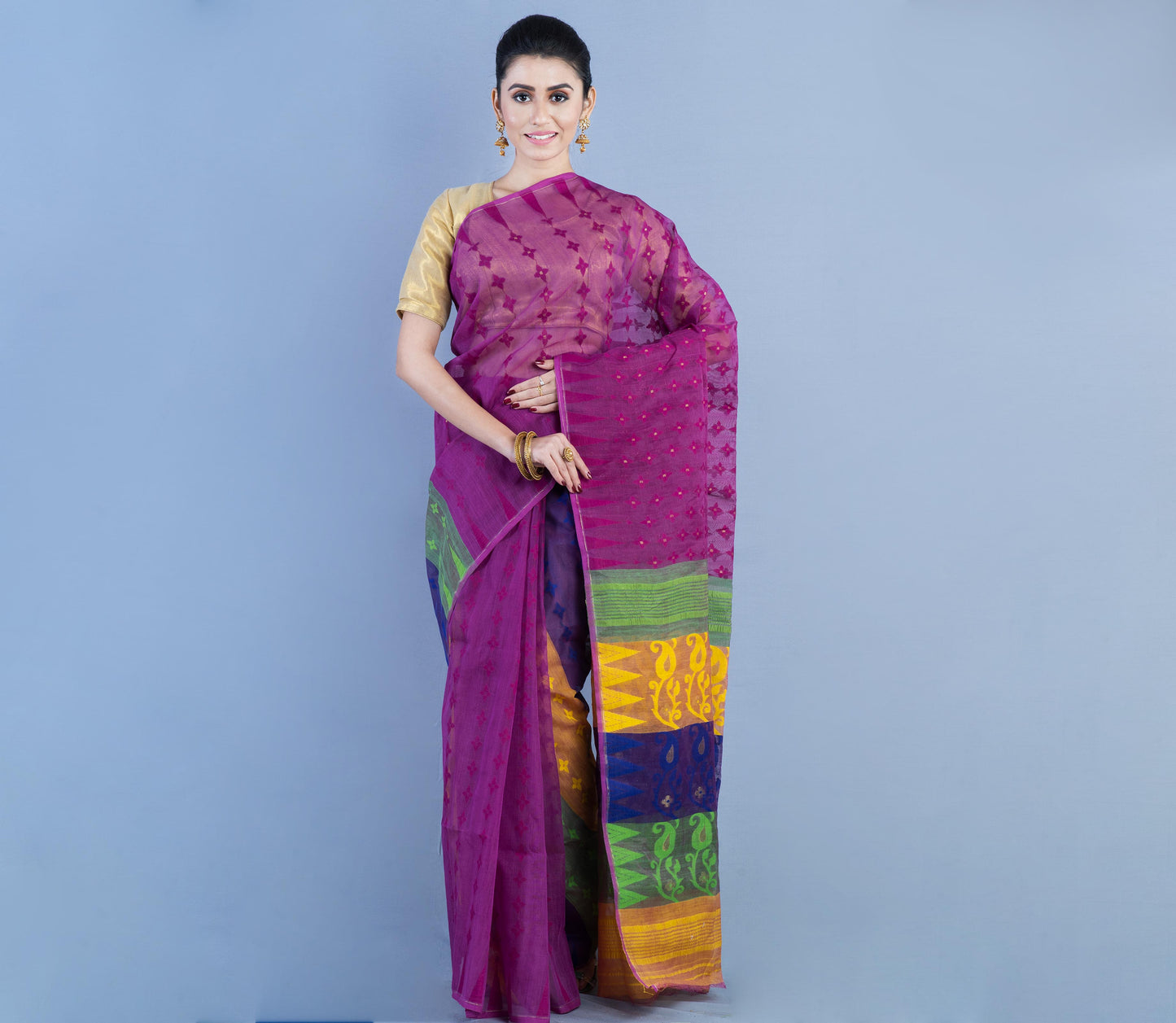 Handloom Jamdani Saree- Green & Yellow on Purple - ArtisanSoul