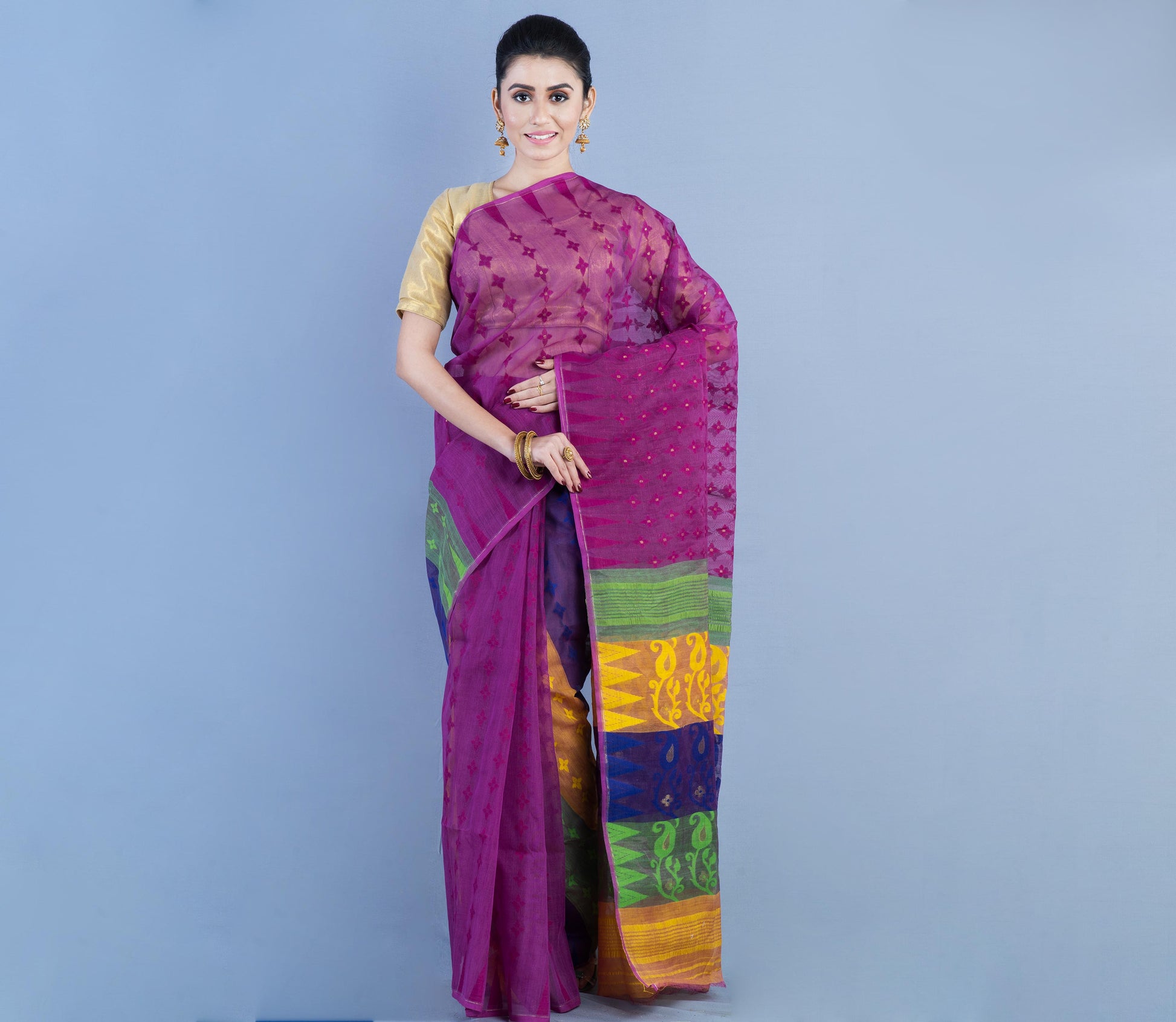 Handloom Jamdani Saree- Green & Yellow on Purple - ArtisanSoul