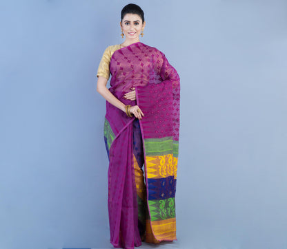 Handloom Jamdani Saree- Green & Yellow on Purple - ArtisanSoul