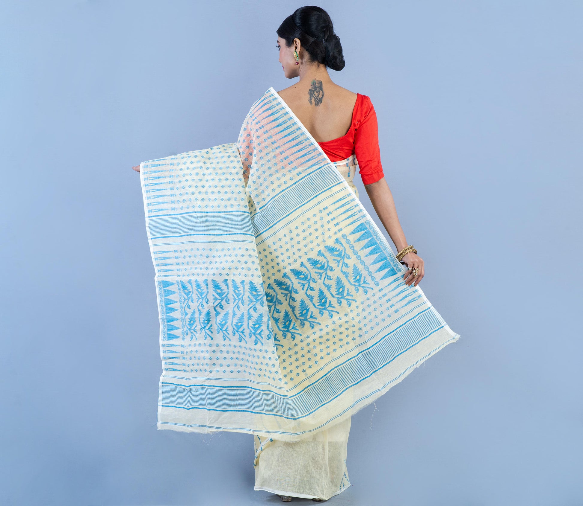 Handloom Jamdani Saree All Body Work - Blue on White - ArtisanSoul