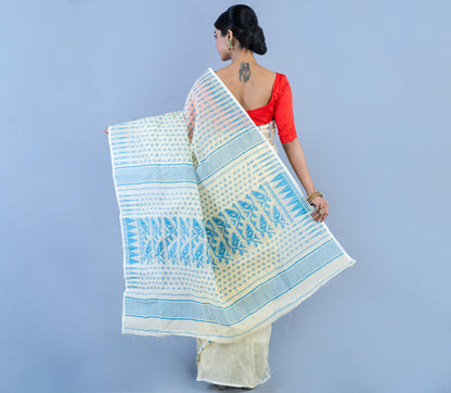 Handloom Jamdani Saree All Body Work - Blue on White - ArtisanSoul