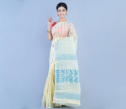 Handloom Jamdani Saree All Body Work - Blue on White - ArtisanSoul
