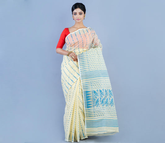 Handloom Jamdani Saree All Body Work - Blue on White - ArtisanSoul