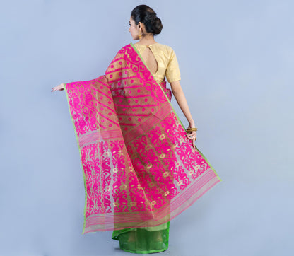 Handloom Jamdani Saree with all body Work - Purple & Green - ArtisanSoul