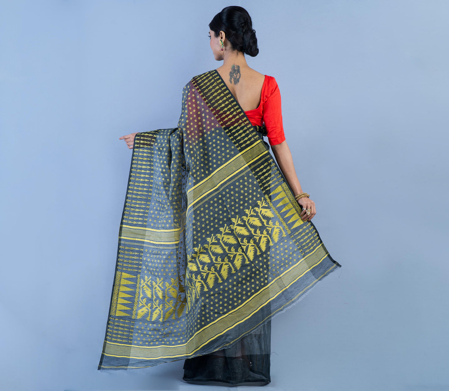 Handloom Jamdani Saree with all body Work - Light Yellow on Black - ArtisanSoul