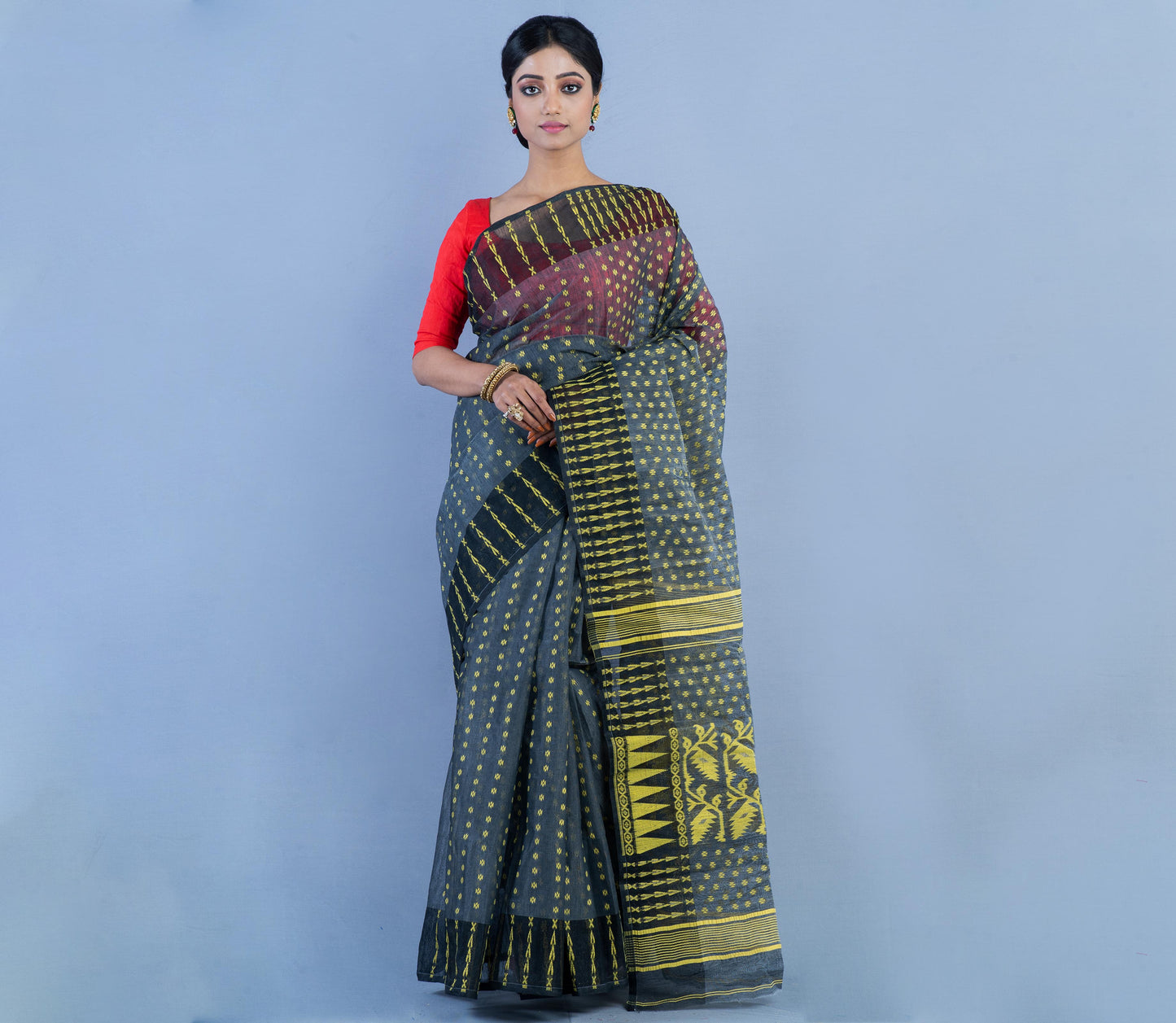 Handloom Jamdani Saree with all body Work - Light Yellow on Black - ArtisanSoul
