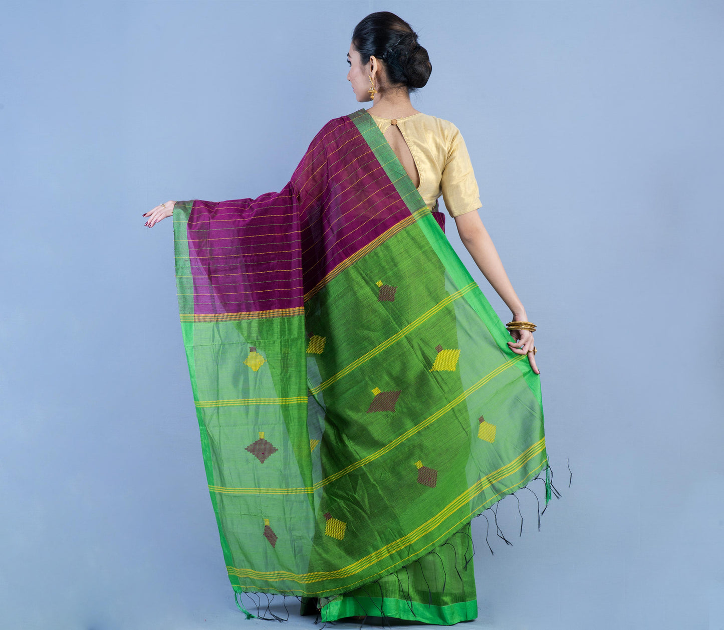 Handloom Cotton Silk Saree - Violet & Green - ArtisanSoul