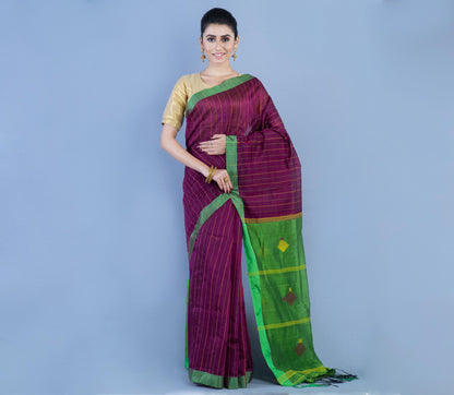 Handloom Cotton Silk Saree - Violet & Green - ArtisanSoul