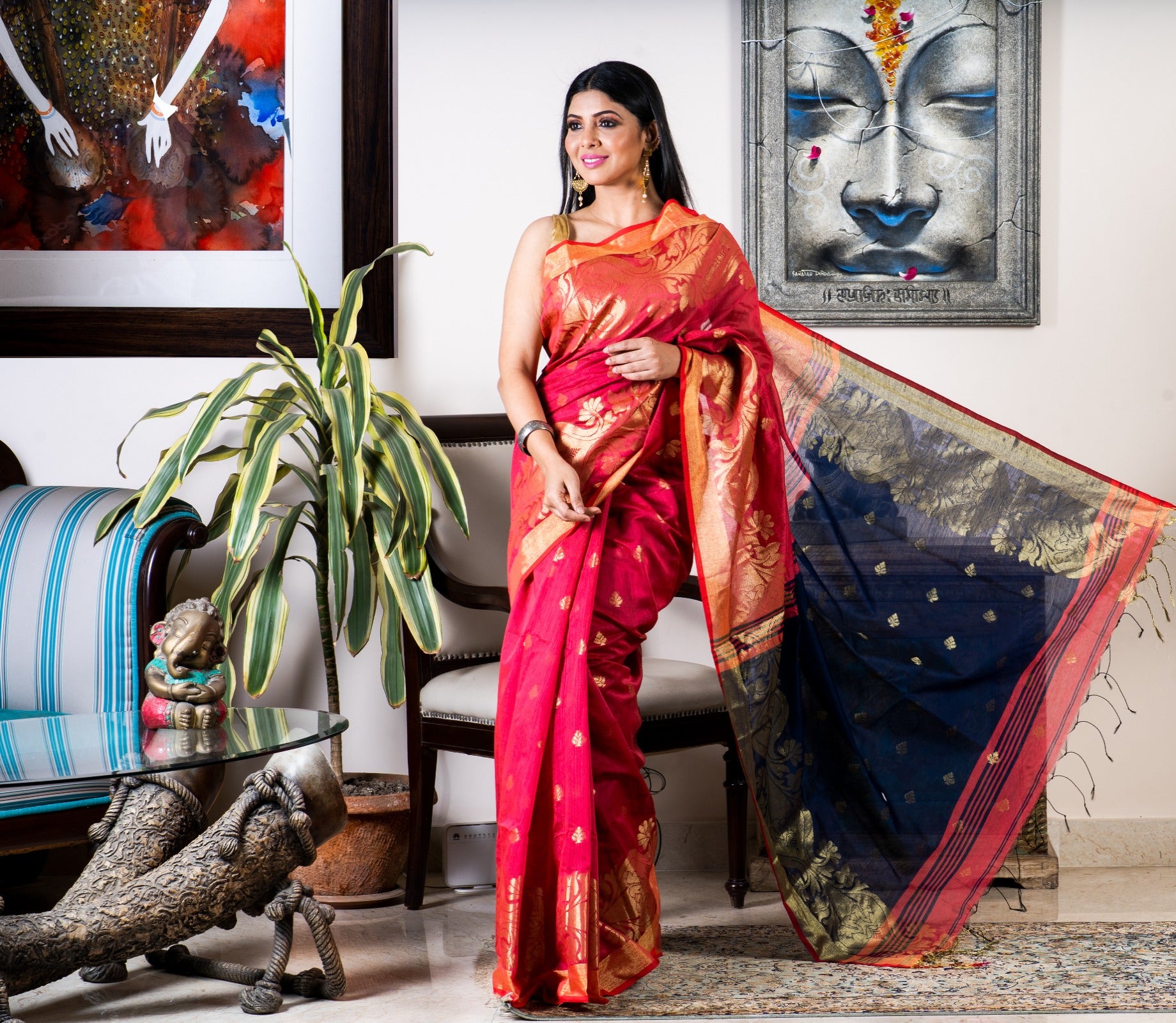 Handloom Saree with Work All Over the Saree - Brick Red and Blue - ArtisanSoul