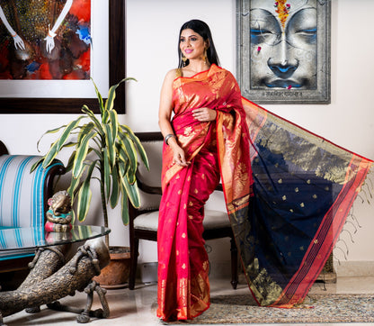 Handloom Saree with Work All Over the Saree - Brick Red and Blue - ArtisanSoul