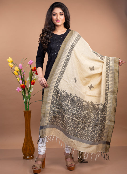 Madhubani Painting Dupatta From Bihar - Black on Beige