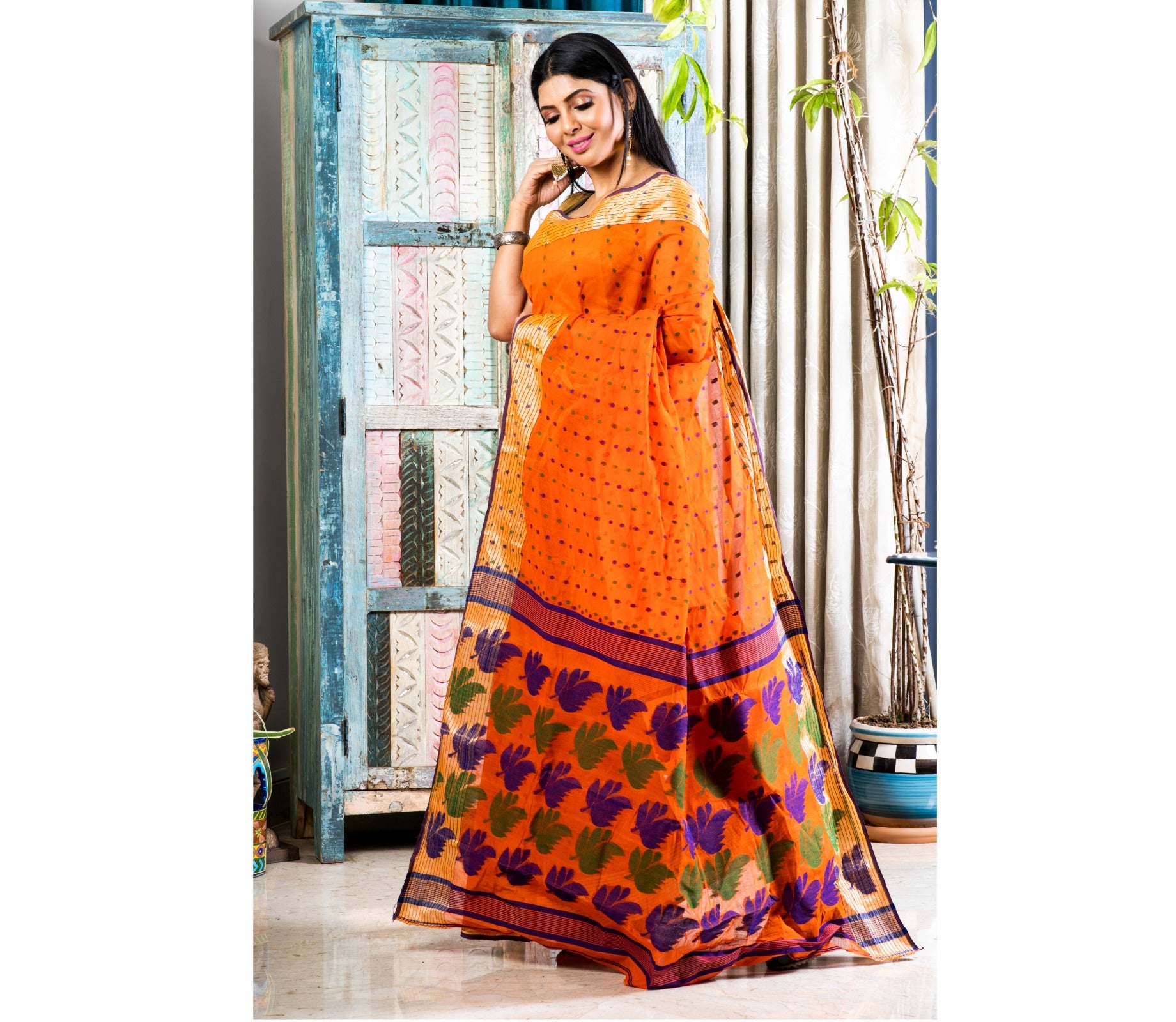 Handloom Tant Saree - Blue & Green thread Work On Orange - ArtisanSoul