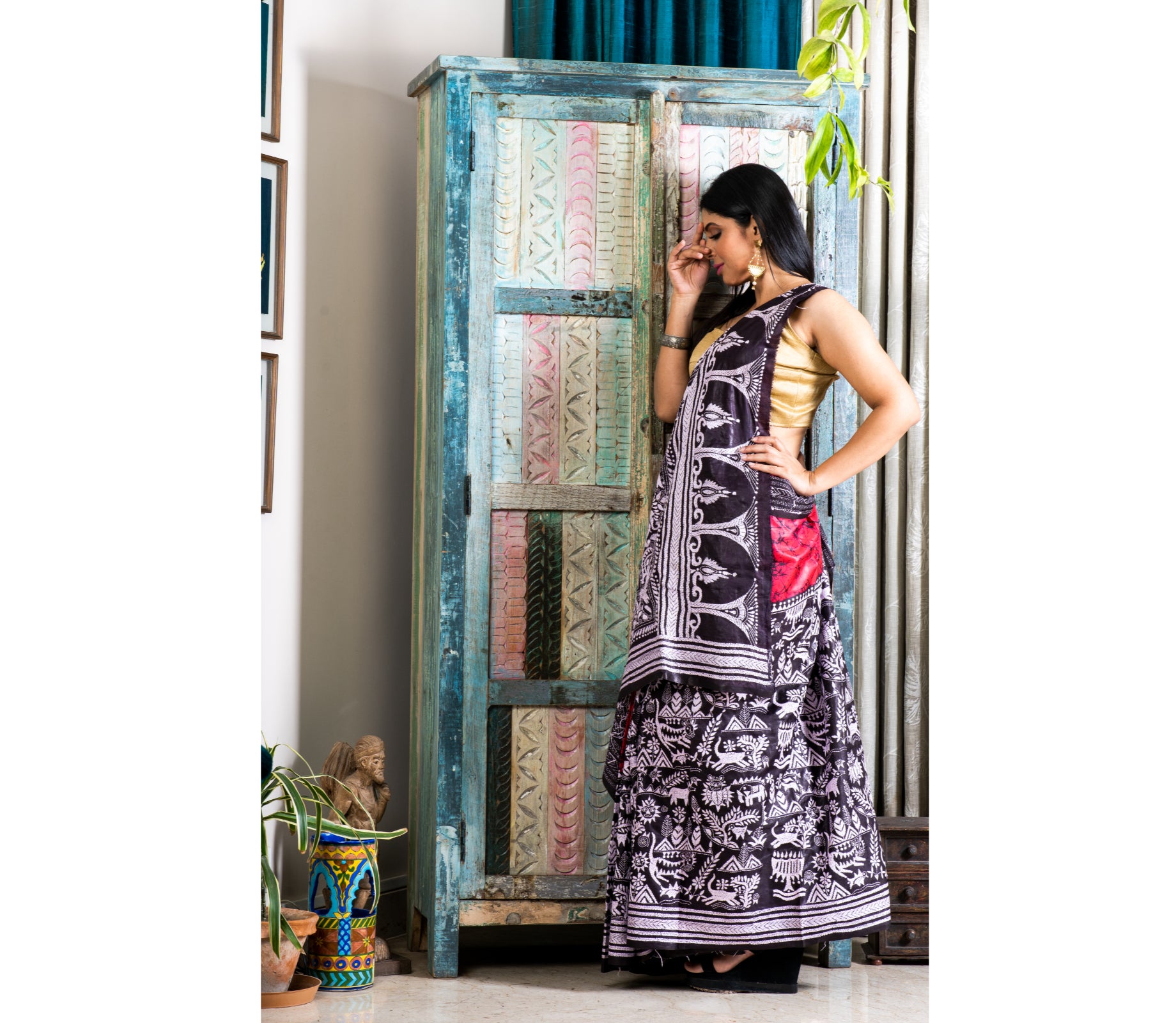 Kantha Stitched Work on Batik Print Saree - Red & Black - ArtisanSoul