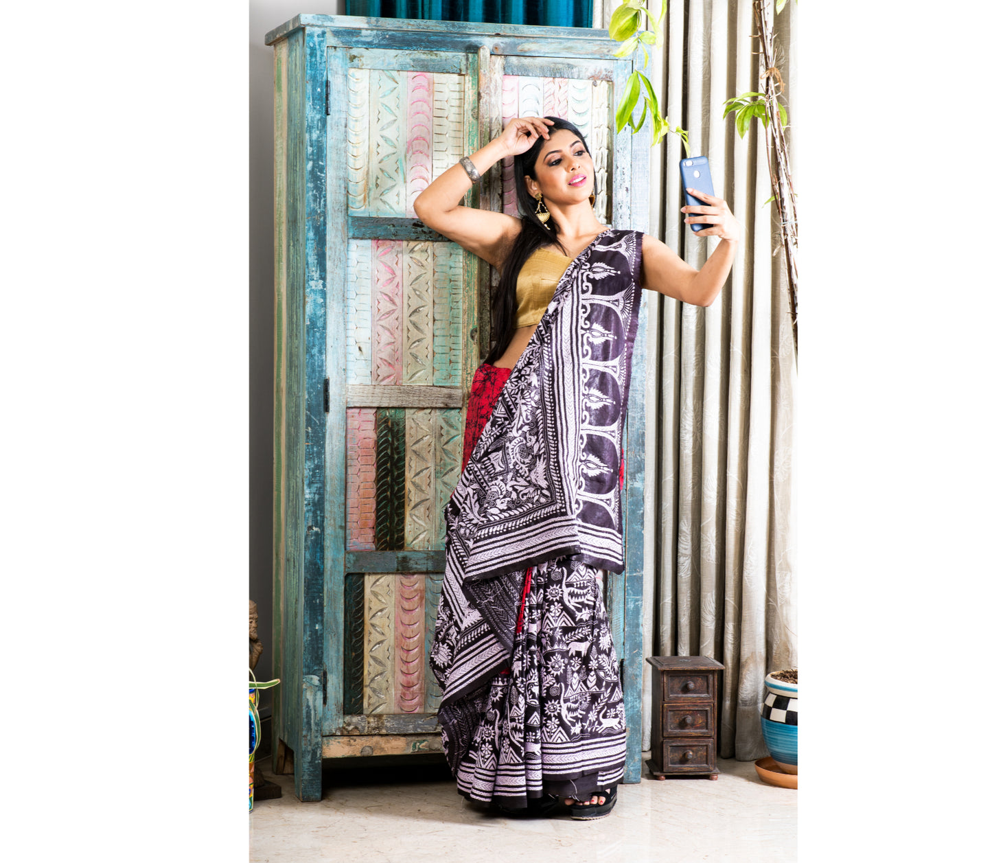 Kantha Stitched Work on Batik Print Saree - Red & Black - ArtisanSoul