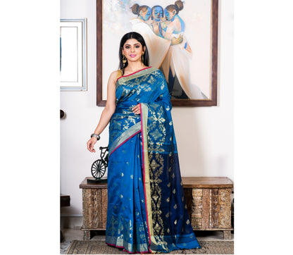 Handloom Saree With Work All Over The Saree - Blue & Navy Blue - ArtisanSoul