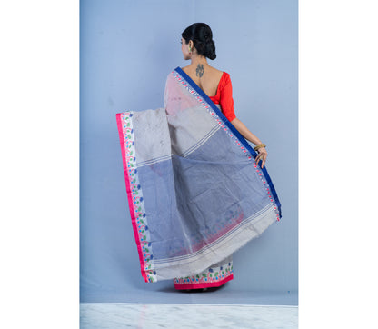 Handloom Tant Saree With Lotus Design on Par - Pink & Blue on White - ArtisanSoul