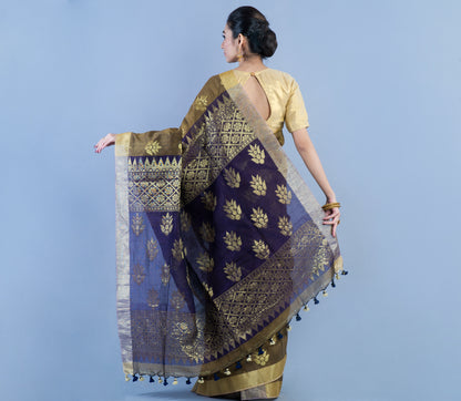 Handloom Linen Jamdani Saree - Olive and Blue - ArtisanSoul
