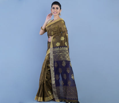 Handloom Linen Jamdani Saree - Olive and Blue - ArtisanSoul