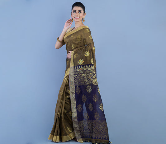 Handloom Linen Jamdani Saree - Olive and Blue - ArtisanSoul
