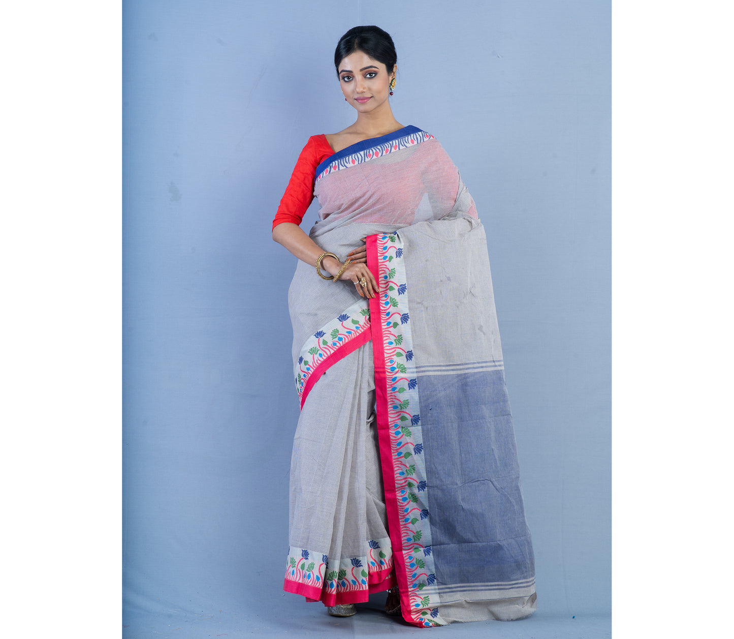 Handloom Tant Saree With Lotus Design on Par - Pink & Blue on White - ArtisanSoul