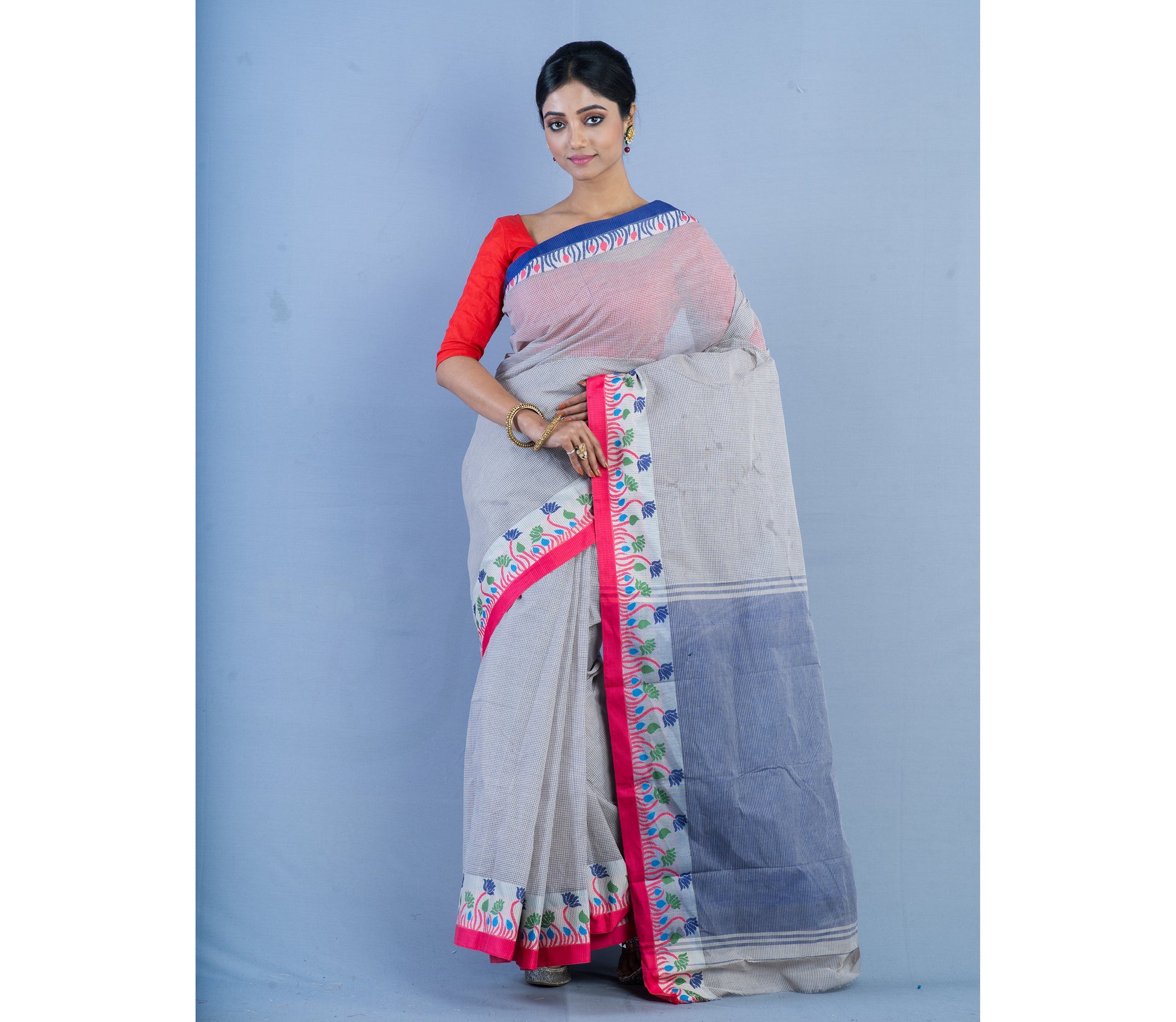 Handloom Tant Saree With Lotus Design on Par - Pink & Blue on White - ArtisanSoul