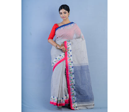 Handloom Tant Saree With Lotus Design on Par - Pink & Blue on White - ArtisanSoul