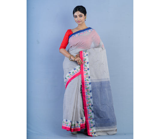 Handloom Tant Saree With Lotus Design on Par - Pink & Blue on White - ArtisanSoul