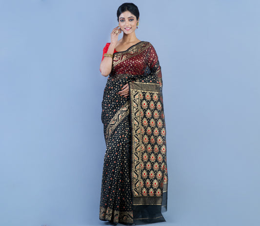 Muslin Silk with Minakari Design - Black - ArtisanSoul