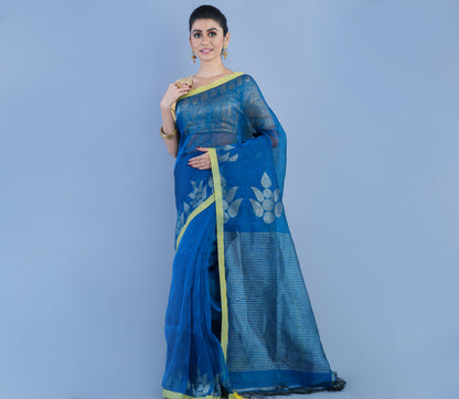 Linen Handloom Saree With Zari Work - Blue - ArtisanSoul