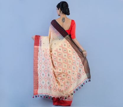 Neemki Kaj On Handloom Saree - Maroon & Black Par On Vanilla Color - ArtisanSoul