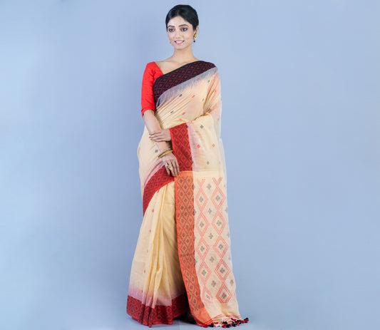 Neemki Kaj On Handloom Saree - Maroon & Black Par On Vanilla Color - ArtisanSoul