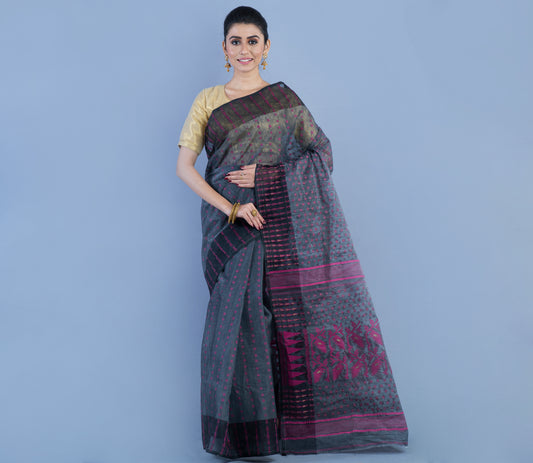 Handloom Jamdani Saree with All body Work - Pink & Black On Gray - ArtisanSoul