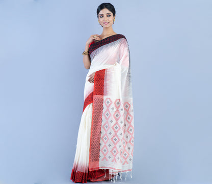 Neemki Kaj On Handloom Saree - Black & Red On White - ArtisanSoul