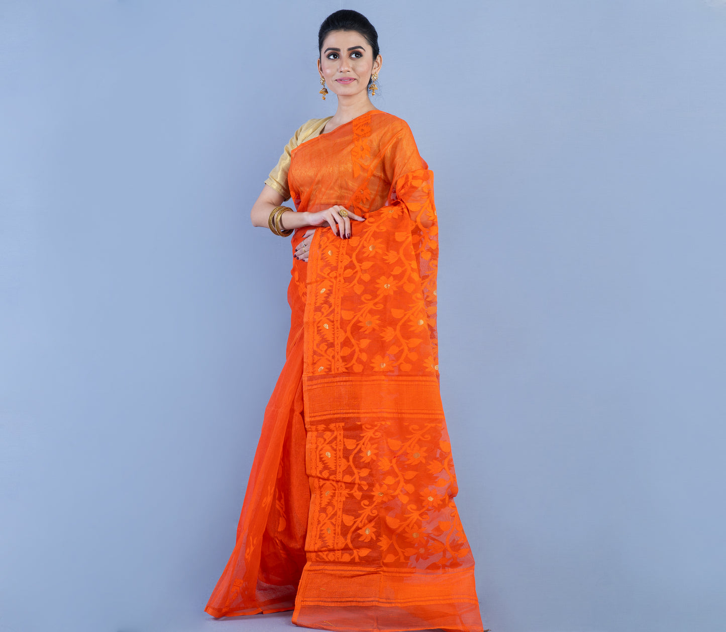 Handloom Jamdani Saree - Orange - ArtisanSoul